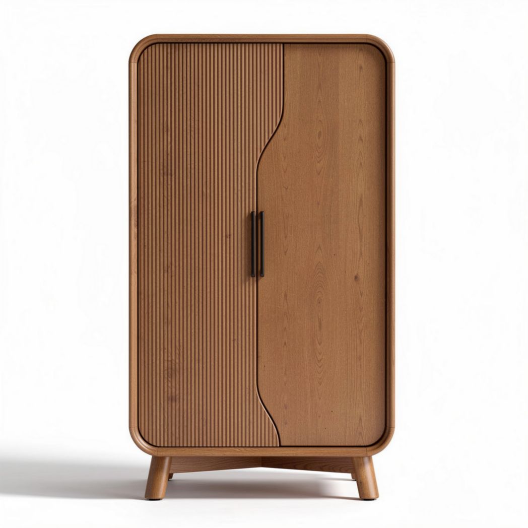 Natural wood cabinet with ribbed doors for storage 90 x 60 x 140cm