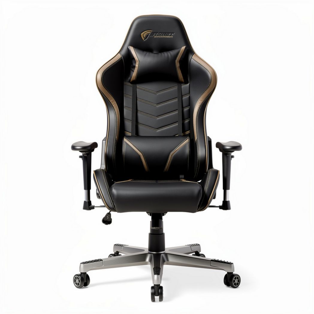 Gaming chair with ergonomic design and adjustable features in black and gold