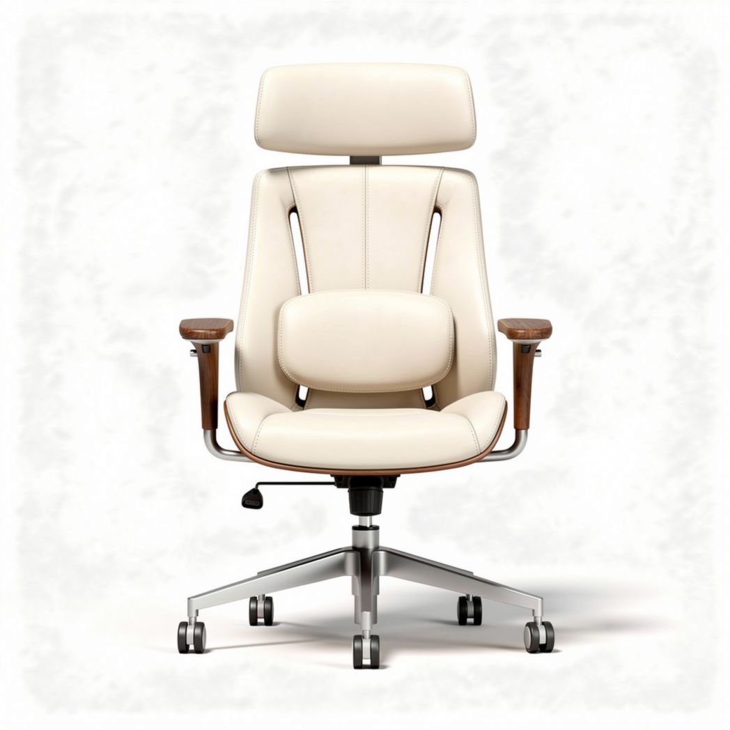 Executive ergonomic office chair with cream faux leather upholstery and adjustable headrest 70 x 65 x 120cm