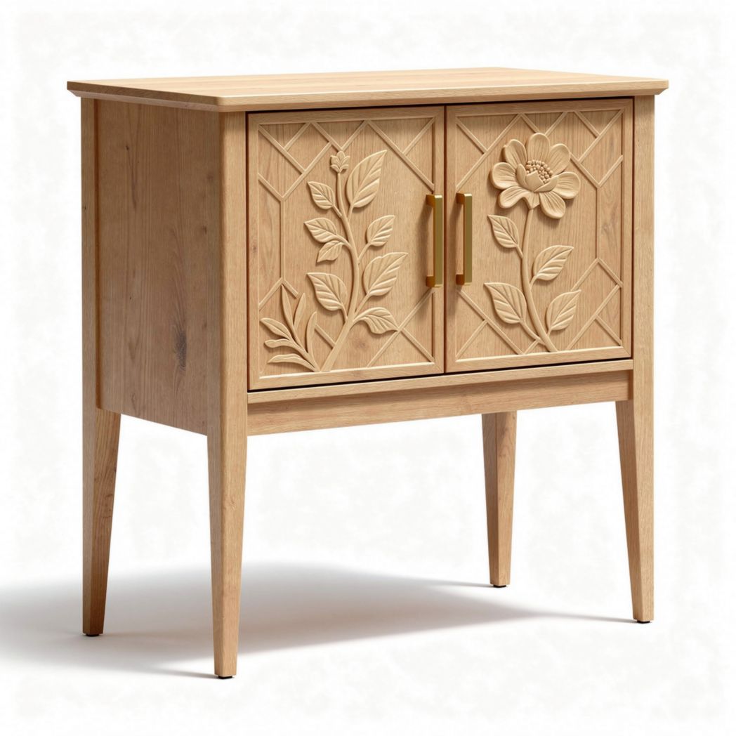 Wooden cupboard with floral carvings and two doors 80 x 40 x 80cm
