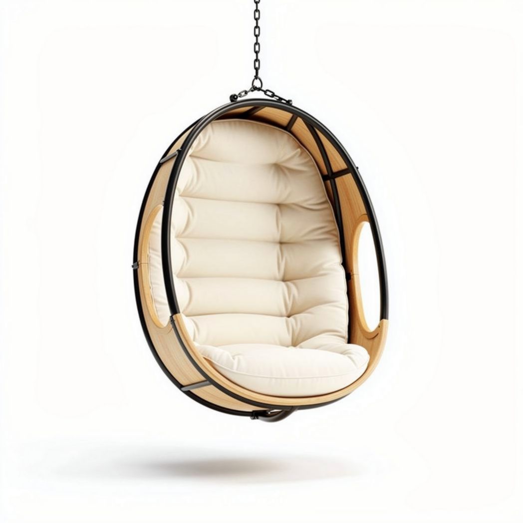Hanging egg chair with cushioned seating and wooden frame 80 x 70 x 100cm
