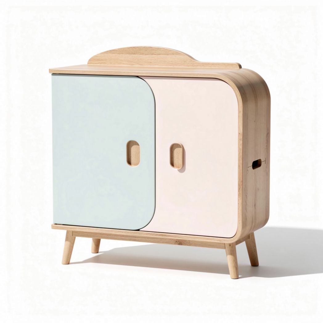 Bamboo storage cabinet with two doors in light blue and natural finish 80 x 40 x 70cm