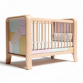 Wooden crib with yellow padded sides and mattress included 120 x 60 x 90cm