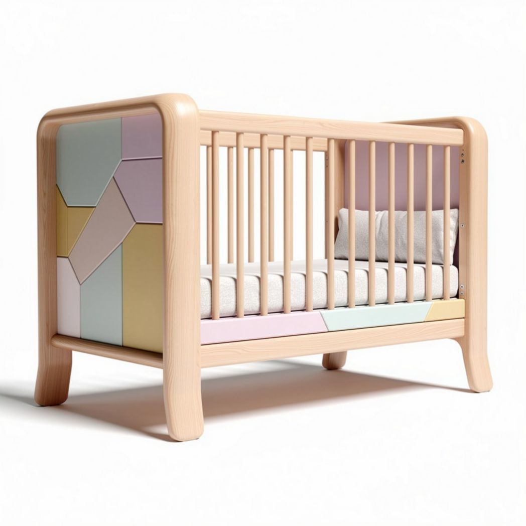Wooden crib with yellow padded sides and mattress included 120 x 60 x 90cm