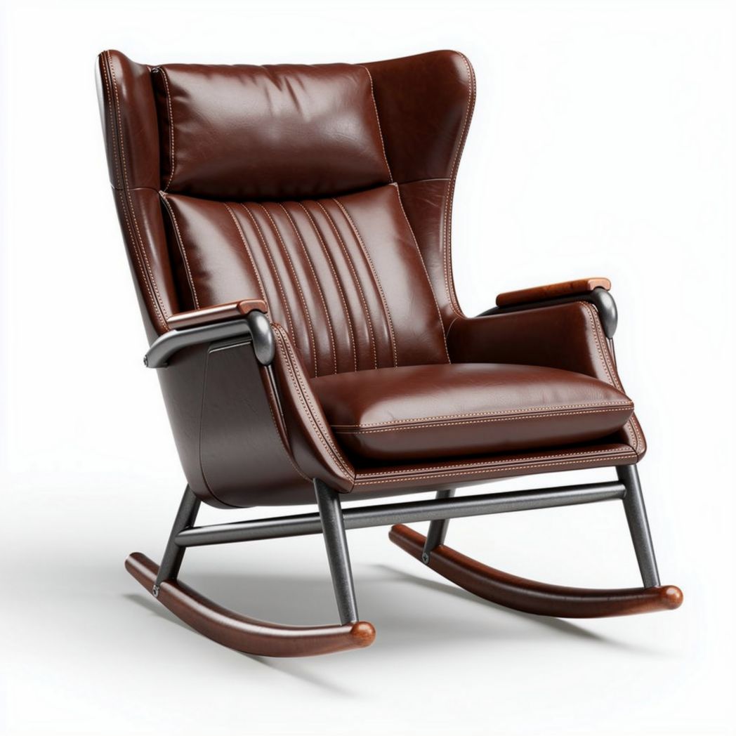 Brown leather rocking chair with metal frame and ergonomic design 85 x 75 x 100cm