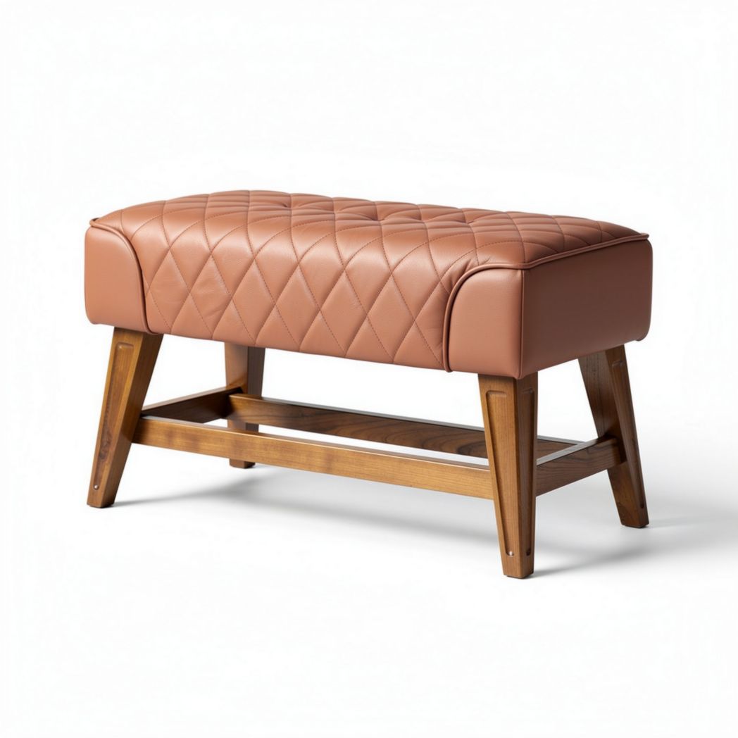 Brown leather upholstered storage bench with wooden legs 90 x 40 x 45cm